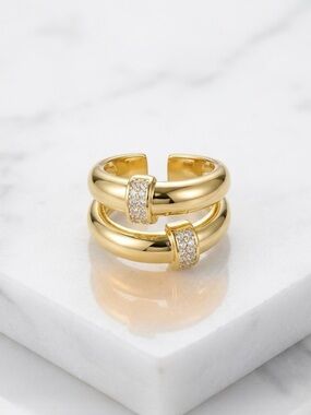 14K Gold Tone Double Band Open Ring with Cubic Zirconia Accents | Adjustable